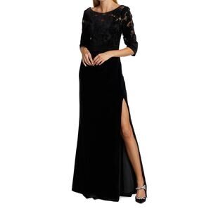Marchesa Black Velvet Gown Cutwork Floral Embroidered‎ Side Slit Sz 6